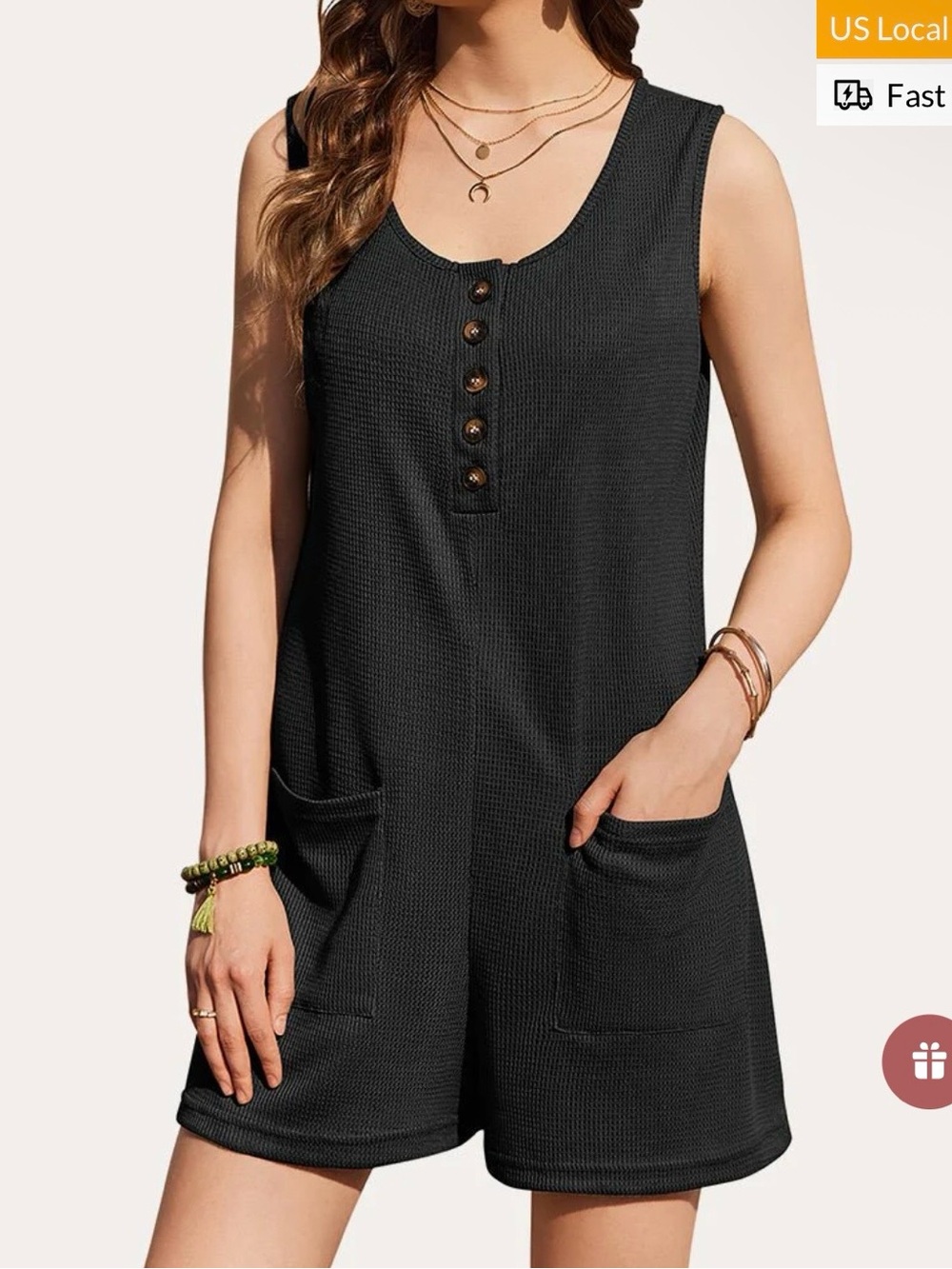 Waffle Knit Sleeveless Black Romper with Front Button Detail 2xl